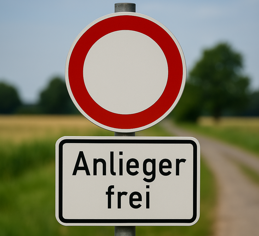Verkehrsschild „Anlieger frei“ vor verschwommenem ländlichen Hintergrund mit Feldweg – Symbolbild für Durchfahrtsbeschränkung in Wohngebieten.