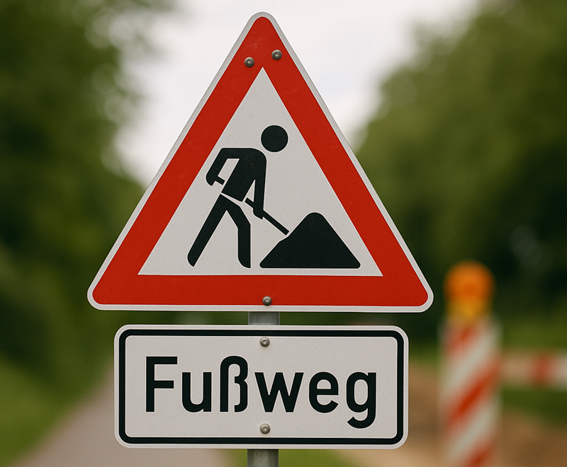 Baustellenschild mit Fußweg-Hinweis vor verschwommenem Hintergrund aus Baustelle und Natur – Symbolbild für fehlende Fußwegverbindung am Kindergarten Schienenberg in Hamminkeln