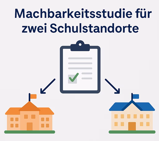 Infografik zur Machbarkeitsstudie für zwei Schulstandorte in Dingden – im USD-Hamminkeln-Stil mit zwei stilisierten Schulgebäuden, einem Prüfungsdokument in der Mitte und dem Schriftzug „USD Hamminkeln“