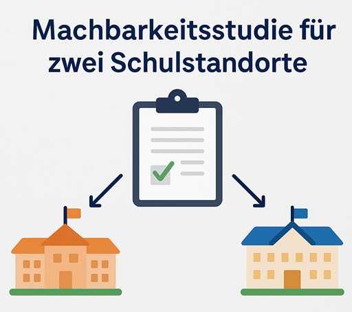 Infografik zur Machbarkeitsstudie für zwei Schulstandorte in Dingden – im USD-Hamminkeln-Stil mit zwei stilisierten Schulgebäuden, einem Prüfungsdokument in der Mitte und dem Schriftzug „USD Hamminkeln“